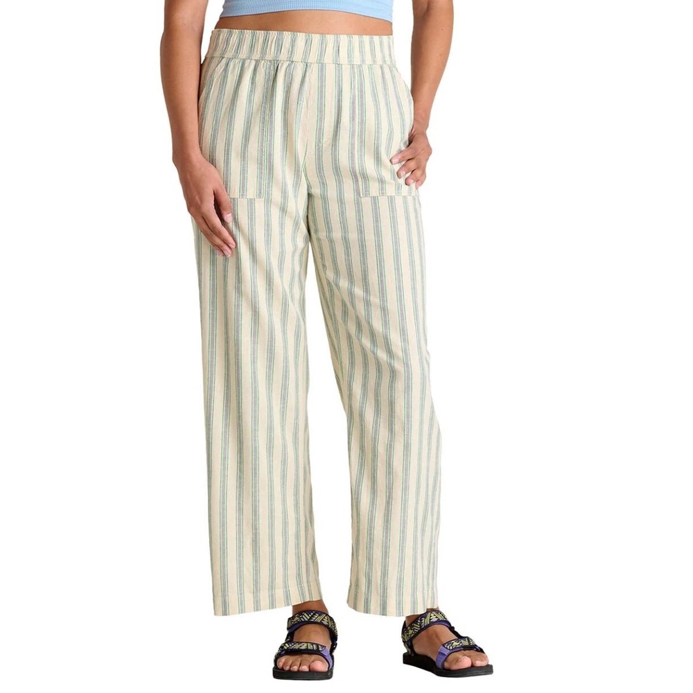 Toad&Co Taj Hemp Pants Green Cream Striped Elastic Waist Straight Leg Small